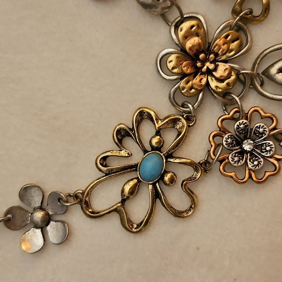 Vintage Mixed Metal Flower Cluster Bib Chain Necklace - Picture 3 of 6